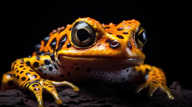 Foto em close de um sapo amarelo contra um fundo preto