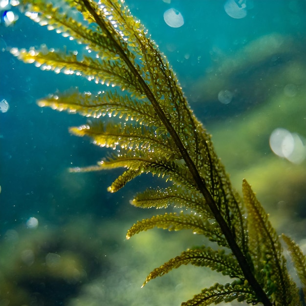 Foto em close de uma folha de algas marinhas debaixo d'água