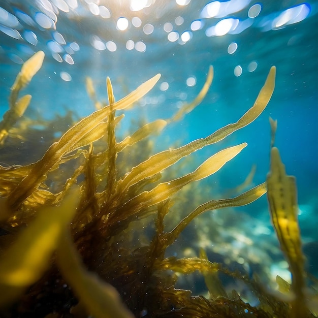 Foto em close de uma folha de algas marinhas debaixo d'água