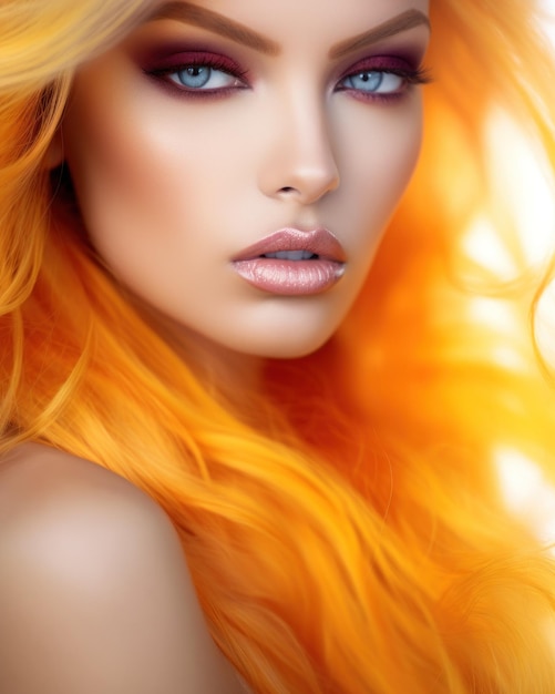 Foto em close de uma modelo loira usando maquiagem pesada