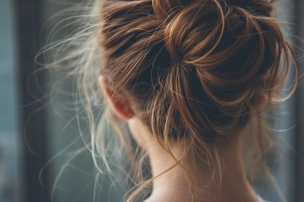 Foto em close-up capturando os detalhes intrincados de um penteado elegante de mulher