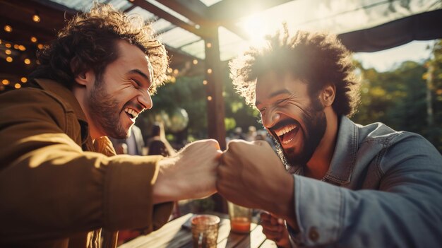 Foto foto em close-up de dois amigos brincando de punhos, seus sorrisos irradiando energia contagiosa.