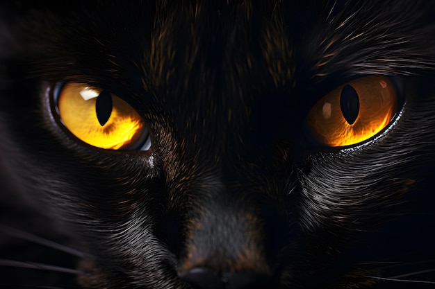 foto em close-up de gato preto com olhos amarelos