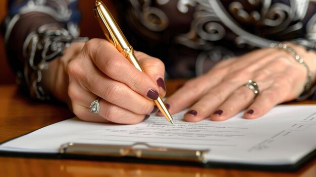 Foto em close-up de mãos de mulheres com caneta assinando um papel ou contrato
