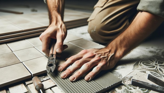 Foto foto em close-up de mãos de um artesão39 equipadas com ferramentas enquanto ele alinea e coloca cuidadosamente as telhas no lugar