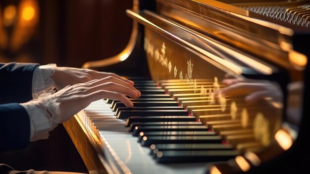 Foto em close-up de mãos humanas tocando piano