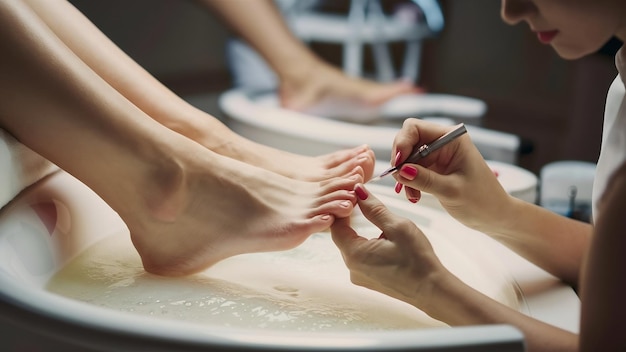 Foto em close-up de pés femininos em um salão de spa em procedimento de pedicura e manicure imagem de foco suave