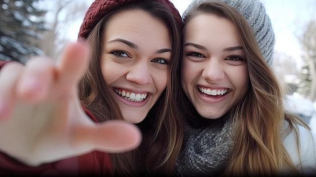 Foto em close up de senhoras bonitas e sorridente. Amigos fazem selfie.