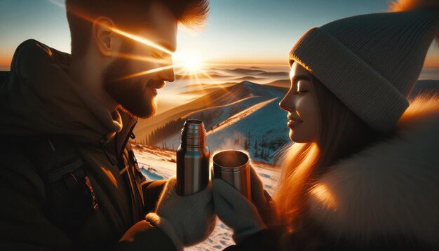 Foto foto em close-up de um casal cujos rostos são iluminados pelos suaves tons do amanhecer enquanto estão no topo de uma montanha durante uma caminhada de inverno