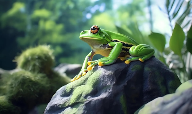 Foto foto em close-up de um sapo verde em uma rocha no zoológico