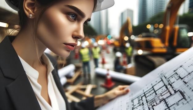 Foto em close-up de uma arquiteta feminina com o rosto refletindo a concentração enquanto examina planos de construção em um canteiro de obras movimentado