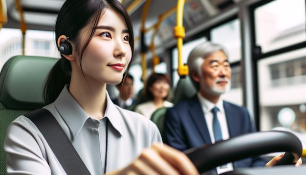 Foto em close-up de uma condutora de ascendência asiática ao comando de um ônibus elétrico da cidade