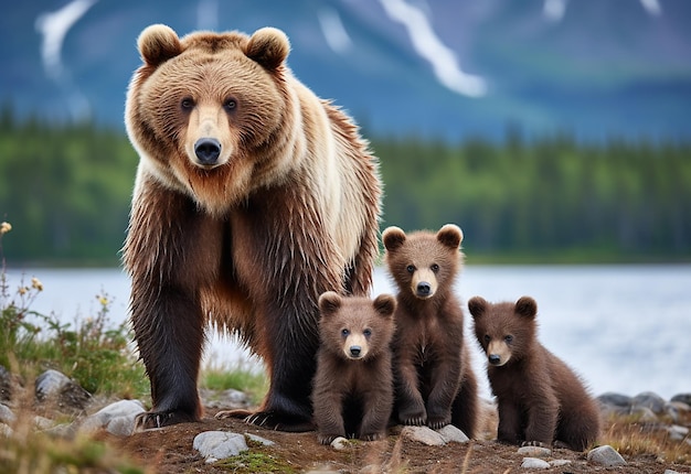 Foto foto em close-up de uma linda família de ursos selvagens junto com seus filhotes