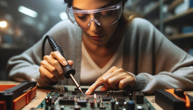 Foto foto em close-up de uma mulher latina de 40 anos usando óculos de segurança e trabalhando em uma placa de circuito