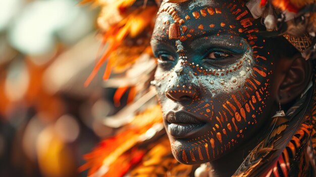 Foto em close-up de uma pessoa com rosto pintado no Carnaval