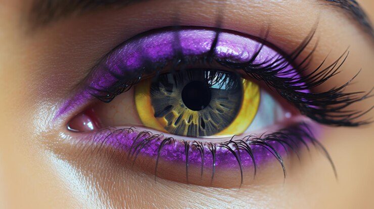 Foto foto em close-up de uma sombra de olhos roxa e lente de contato amarela