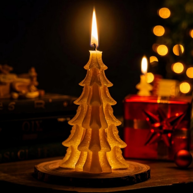 Foto foto em close-up de vela em chamas esculpida na forma de uma árvore de natal