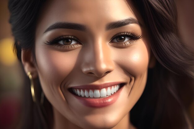 Foto em close-up do rosto de uma rapariga latina feliz e muito brilhante com uma pele perfeita