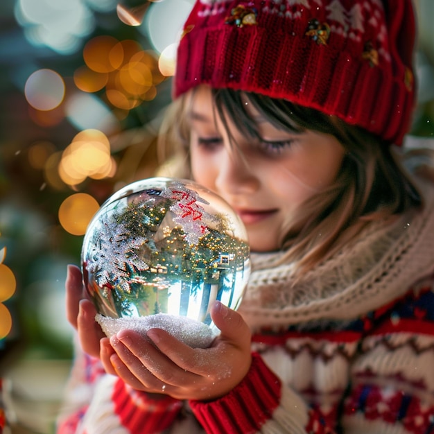 foto em close-up menina segurando o globo de Natal