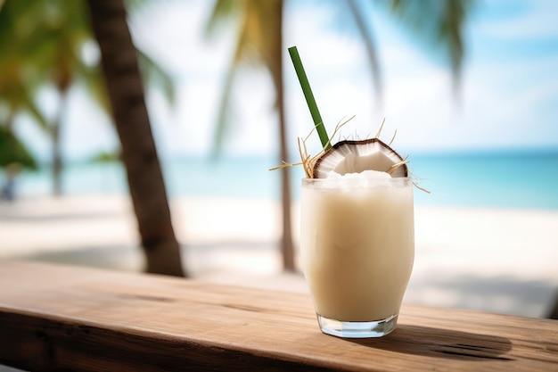 Foto em close-up mostra coquetel de suco de coco fresco e frio com palha em cima do balcão do bar