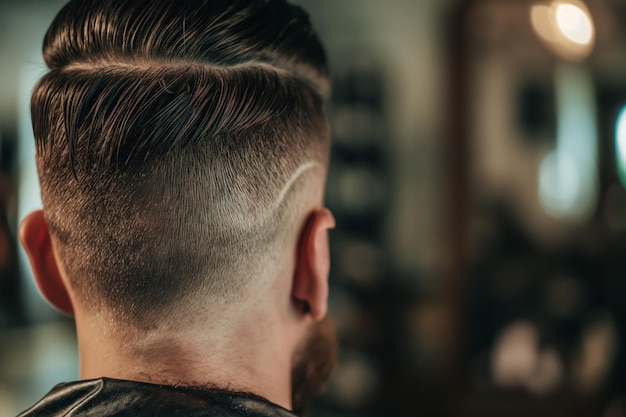 Foto em close-up mostrando um penteado elegante de homem com detalhes nítidos e um look moderno