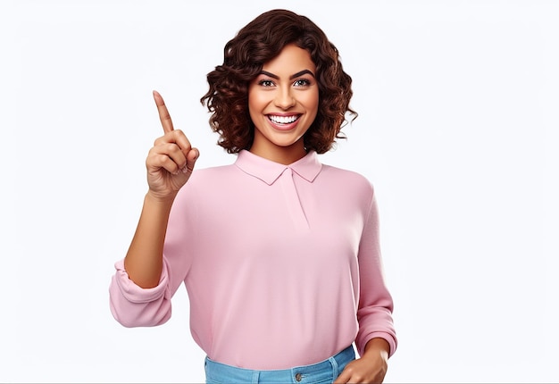 Foto foto em close-up retrato de bonita bonita menina sorridente apontando com o dedo para copiar o espaço