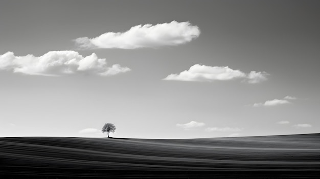 Foto em cores preto e branco de paisagem no verão com campos e colinas