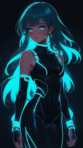 Foto em estilo anime 3D uma arqueira feminina futurista com cabelos longos e ondulados vibrantes de cor azul escuro