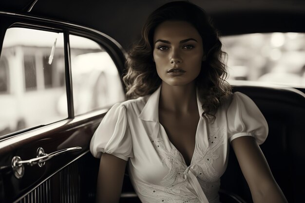 Foto foto em preto e branco com uma senhora francesa dentro de um carro ia generativa