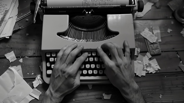 Foto em preto e branco de mãos digitando em uma máquina de escrever vintage