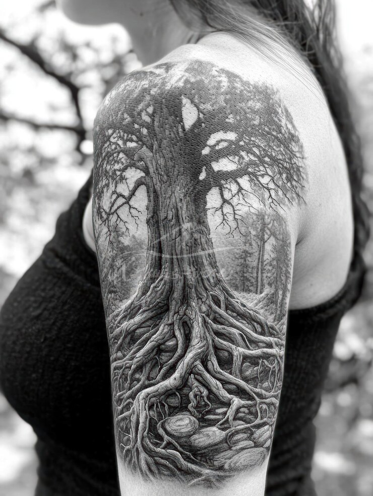 Foto em preto e branco de um braço de uma mulher com uma grande tatuagem de árvore
