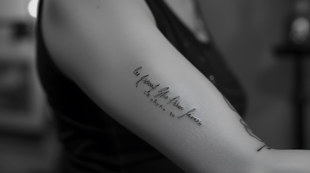 Foto foto em preto e branco de um braço de uma mulher com uma tatuagem que diz love never fails em letra cursiva