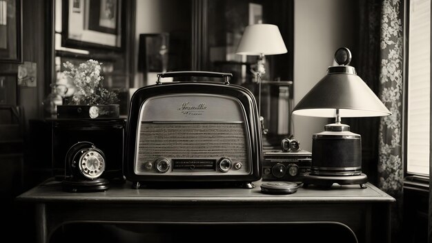 Foto em preto e branco de um dispositivo de rádio retro com vibrações vintage