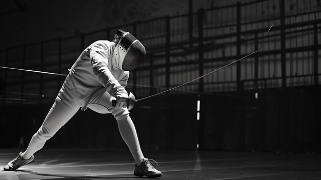 Foto em preto e branco de um esgrimista em midlunge O esgrimistas está vestindo um uniforme de esgrima branco e uma máscara O fundo está fora de foco