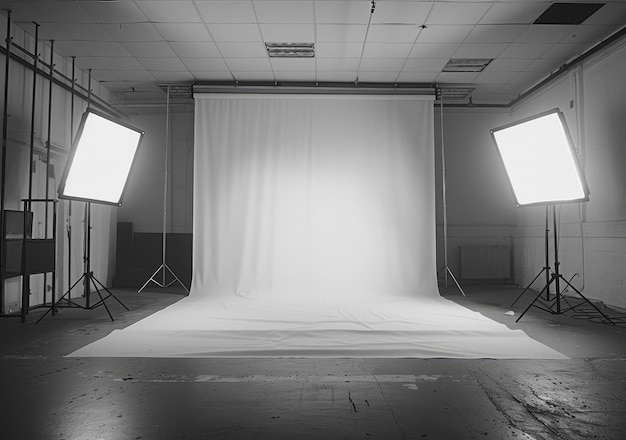 Foto foto em preto e branco de um estúdio de fotografia com duas luzes e um fundo branco