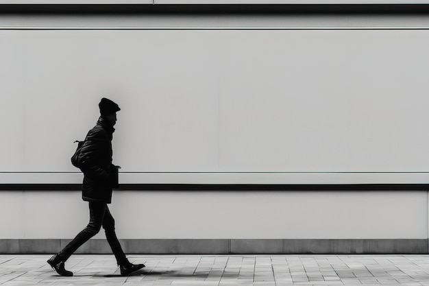 foto em preto e branco de um homem de negócios moderno andando pela rua em frente a um grande edifício