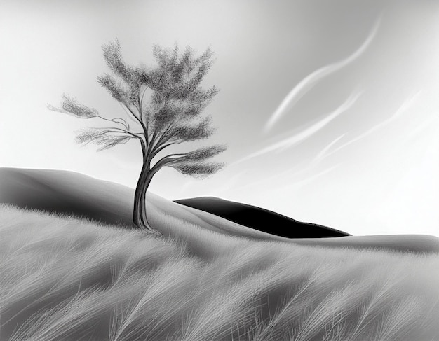 Foto em preto e branco de uma árvore solitária em um campo generativo ai