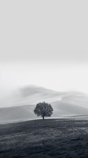 Foto foto em preto e branco de uma árvore solitária em uma colina