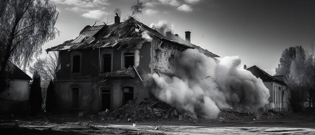 Foto em preto e branco de uma casa bombardeada