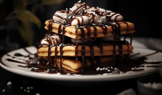 Foto em preto e branco de waffles regados com caramelo e molho de chocolate