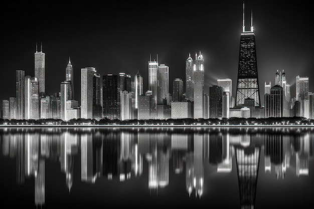 Foto em preto e branco do horizonte de chicago no estilo de paisagens realistas