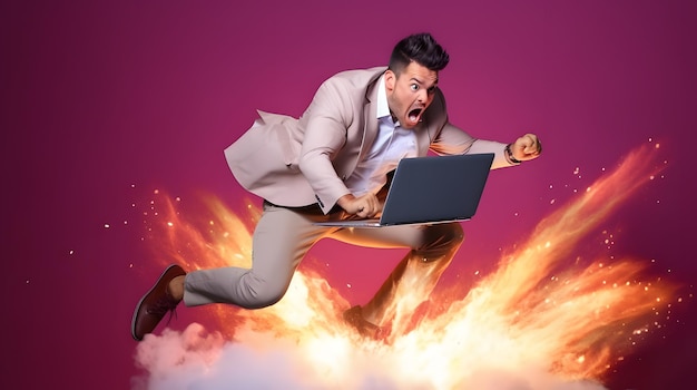 Foto foto em tamanho completo de homem concentrado salto trabalho pesquisa de computador descontos de vendas isolados