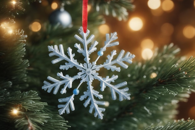 foto em um floco de neve um brinquedo em forma de floco de neve com um laço em um galho de abeto ealist