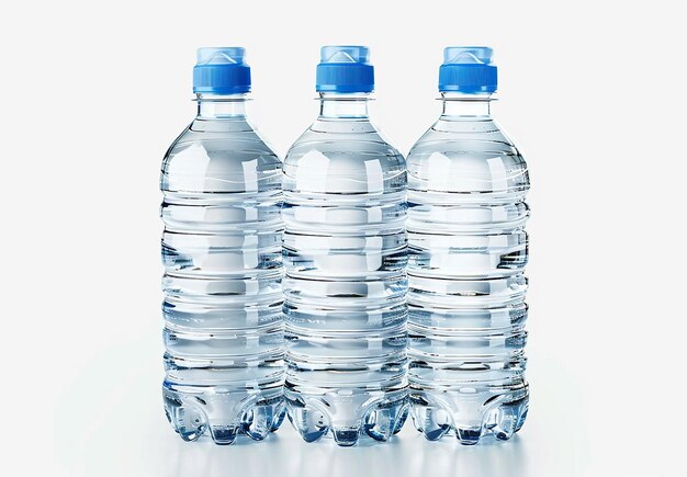 Foto de embalaje de botellas de fábrica de agua enlatadas en fondo blanco aislado