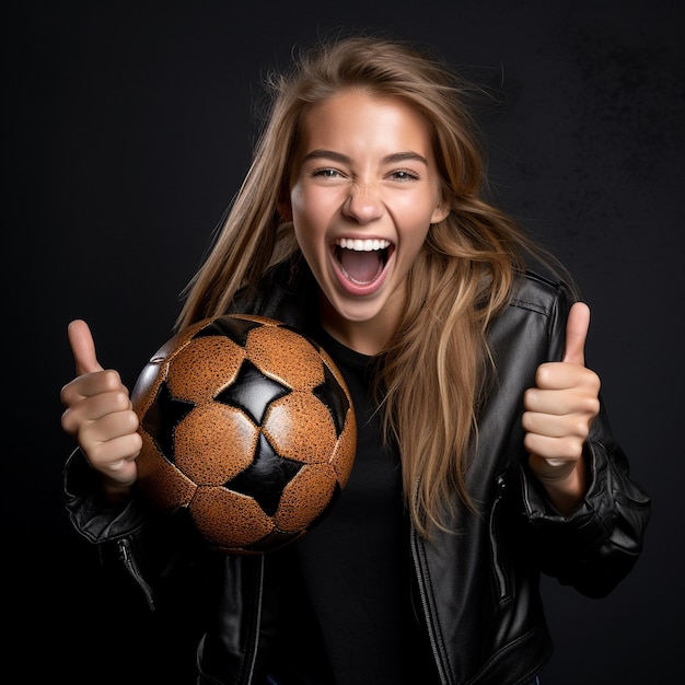 foto emocionada chica caucásica sosteniendo un fútbol aislado en una pared colorida