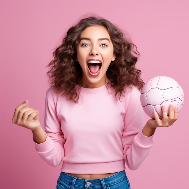 foto de una emocionada fanática de los deportes sosteniendo una pelota