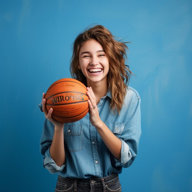 foto de una emocionada fanática de los deportes sosteniendo una pelota