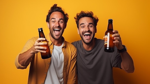 foto emocionados jóvenes amigos encantadores en coloridas gafas de sol tintinear botellas de cerveza generadas por IA