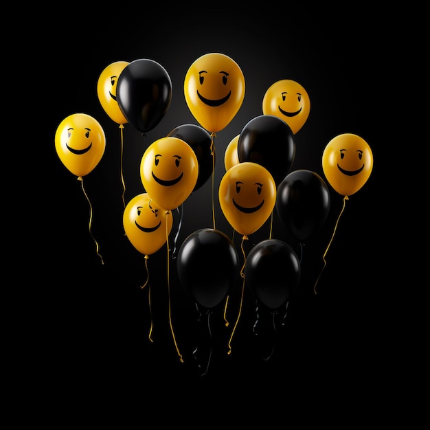 foto de emojis de globos felices con fondo negro del día mundial de la sonrisa