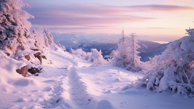 Foto una foto de una empinada pendiente nevada y una suave luz nocturna